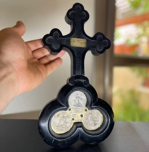 Antique French Black Wood Crucifix & Trefoil Base with Engraved Miniatures & "Mme Degin" Plaque