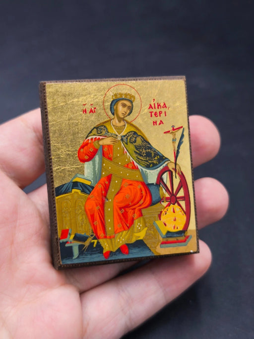 Vintage Miniature Byzantine Icon St. Catherine of Alexandria Wood Fridge Magnet 2.4"