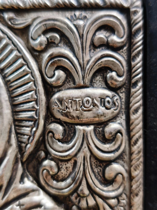 Vintage Greek Orthodox 950 Silver Icon Saint Anthony (Agios Antonios) Wood Base
