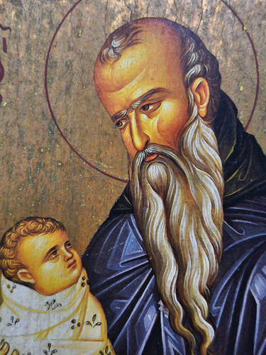 Vintage Traditional Byzantine Greek Orthodox Icon Saint Stylianos Child Wood 25x19cm