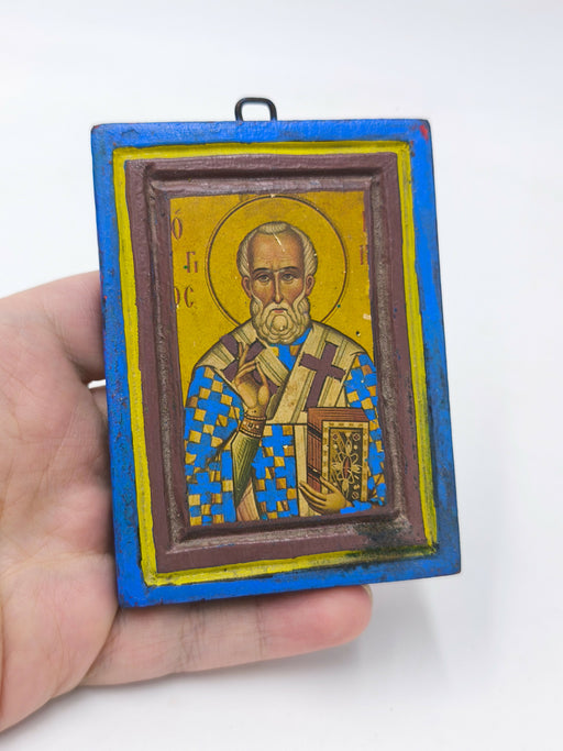 Vintage Saint Nicholas Wooden Handcrafted Icon Wall Plaque, Greek Orthodox Mini Icon, Christian Religious Art Gift, Wooden Blessing Icon