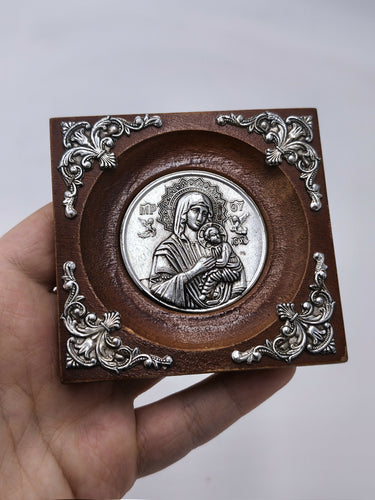 Vintage Greek Orthodox Icon Plaque 1979 | Virgin Mary and Child Jesus Silver Tone Relief Wood Wall Plaque | Religious Gift
