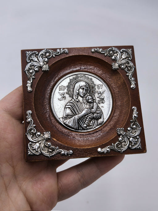 Vintage Greek Orthodox Icon Plaque 1979 | Virgin Mary and Child Jesus Silver Tone Relief Wood Wall Plaque | Religious Gift