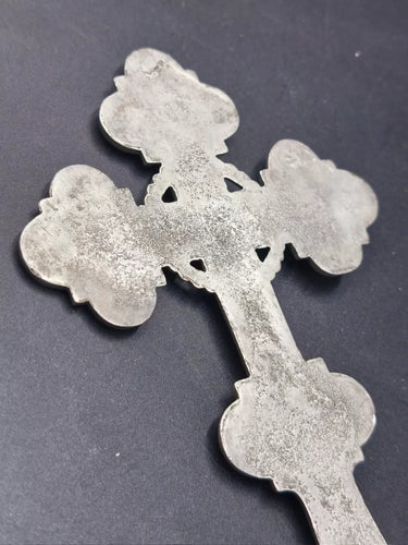 Antique Heavy Metal Hand Blessing Cross Jesus Crucifixion Relief 7.7" 5.3oz