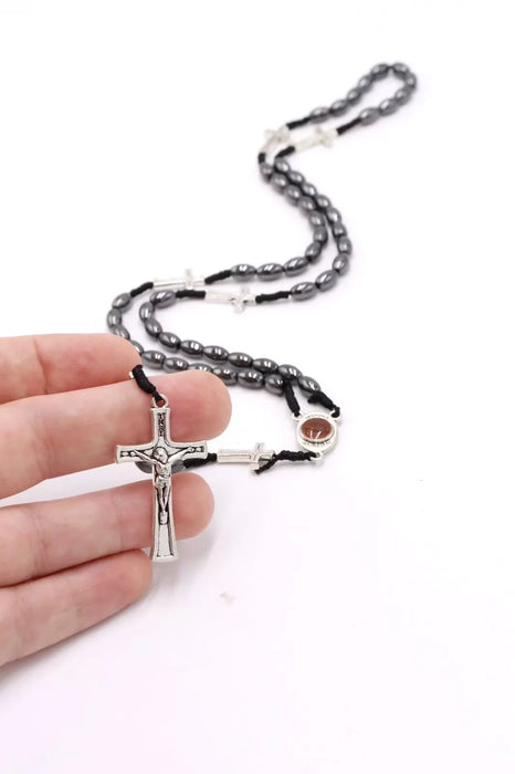 Rosary Black Hematite Bethlehem Hand Made Holy Land Crucifix Necklace Religion