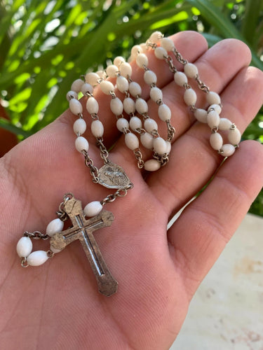 Vintage White Silver Rosary Mother-of-Pearl White Oblong Beads 1920s France †⭐