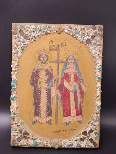 LARGE ANTIQUE HAND-PAINTED GREEK ORTHODOX ICON SAINTS CONSTANTINE & HELEN