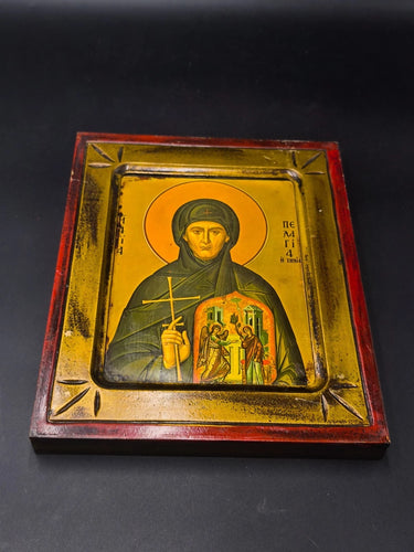 Greek Orthodox Wood Icon Saint Pelagia of Tinos Annunciation 9.5x7.5"