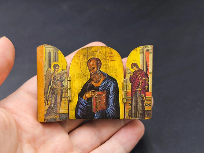 Antique Miniature Carved Wood Triptych Pocket Icon St John Orthodox Greek