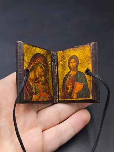 Antique Orthodox Traveling Diptych Icon Leather Jesus Christ Mary 18g