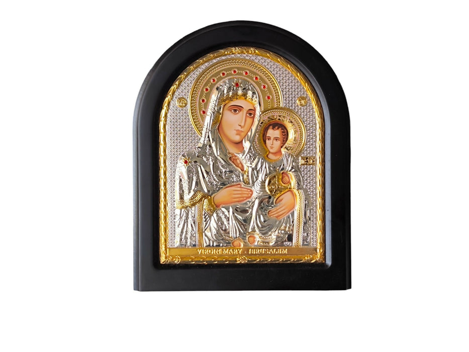 Virgin Mary Jerusalem 5.51"Jesus Icon Silver 950° Religious Wood Handicraft