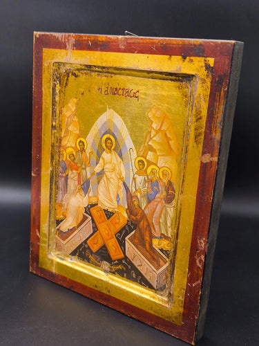 Vintage Greek Orthodox Icon The Resurrection Anastasis Jesus Christ Gold Leaf