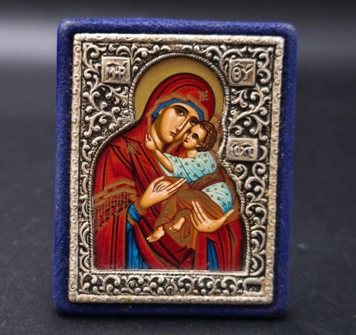 Vintage 925 Silver Greek Byzantine Icon Virgin Mary Jesus Certificate 27g 7x6cm