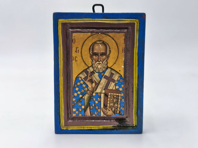 Vintage Saint Nicholas Wooden Handcrafted Icon Wall Plaque, Greek Orthodox Mini Icon, Christian Religious Art Gift, Wooden Blessing Icon