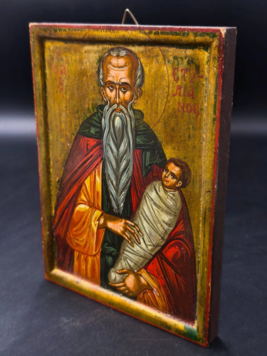 Vintage Hand-Painted Saint Stylianos Greek Orthodox Icon Wood Patron of Children