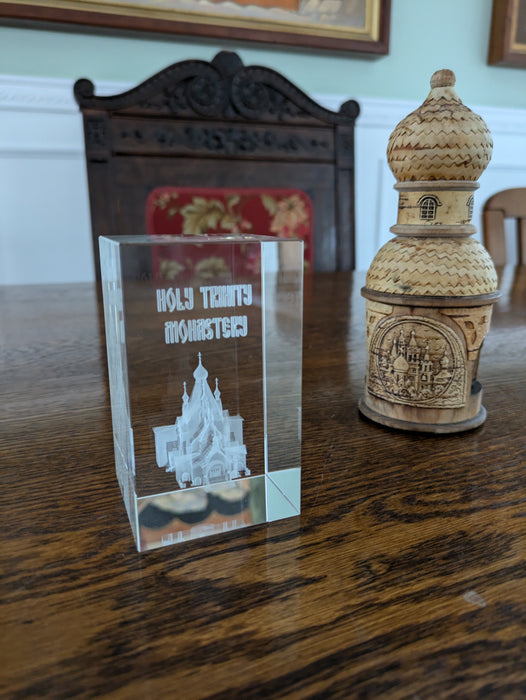 Glass Engraved Statuette of Holy Trinity Monastery (Jordanville)