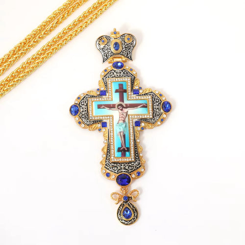 Gold & Blue Orthodox Jeweled Pectoral Crosses