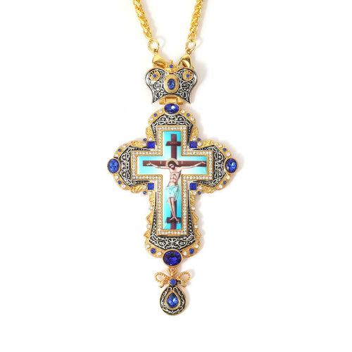 Gold & Blue Orthodox Jeweled Pectoral Crosses