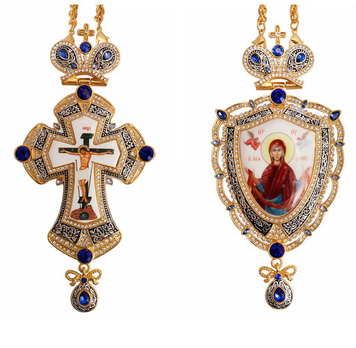 Blue Orthodox Jeweled Pectoral Cross & Panagia Set