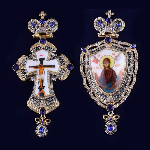 Blue Orthodox Jeweled Pectoral Cross & Panagia Set