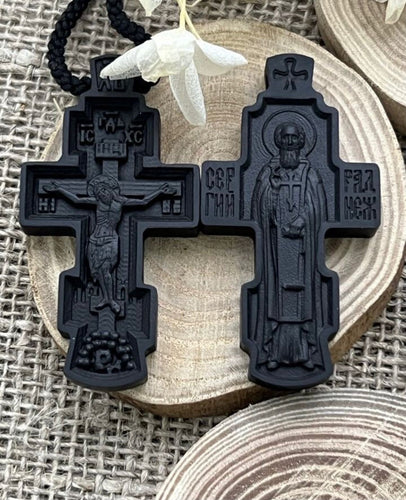 Hand-Carved Ebony Orthodox Cross with Silver Crucifix