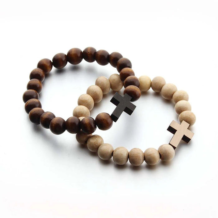 Handmade Elastic Natural Wood Bead Cross Bracelet