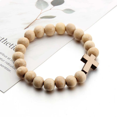 Handmade Elastic Natural Wood Bead Cross Bracelet