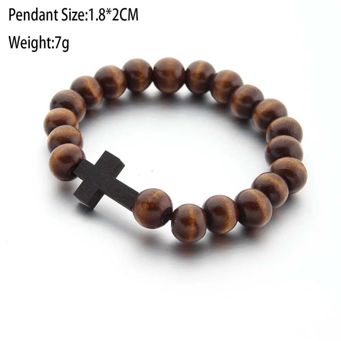 Handmade Elastic Natural Wood Bead Cross Bracelet