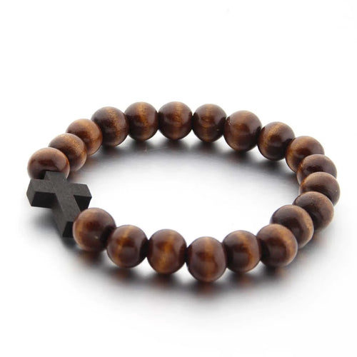 Handmade Elastic Natural Wood Bead Cross Bracelet