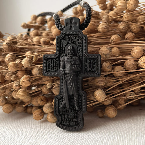 Hand-Carved Ebony Orthodox Cross with Silver Crucifix