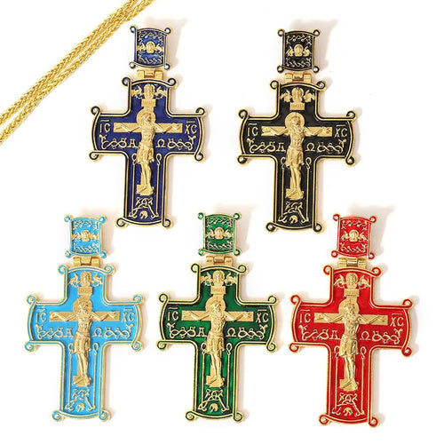 Enamel Gold-Plated Orthodox Pectoral Crosses with Chain