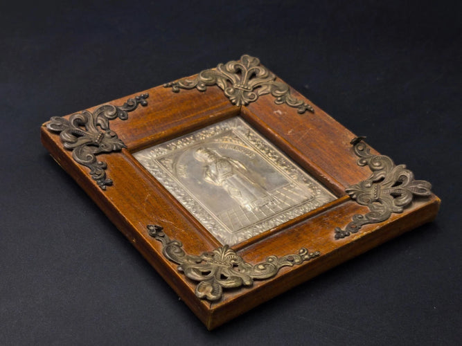 Antique Greek Orthodox Icon Agios Saint Nektarios Metal Repousse Wood Frame