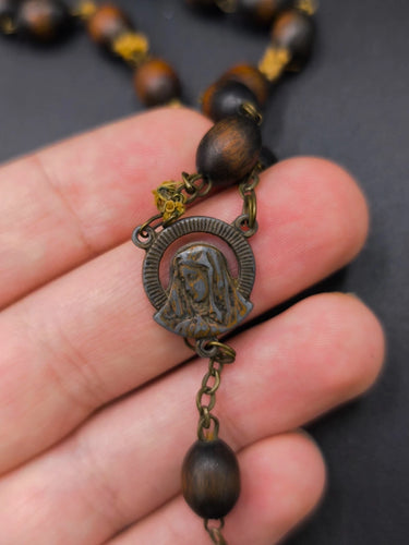 Vintage Italian Wood Rosary Crucifix Mary Sacred Heart Religious Necklace 26in