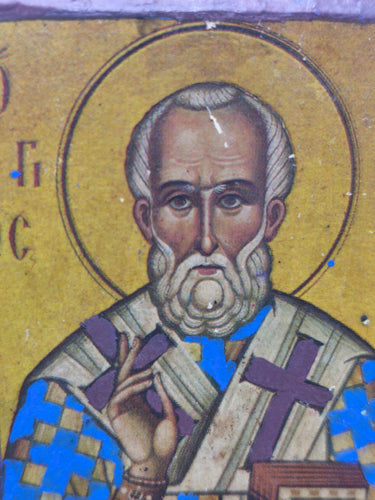 Vintage Saint Nicholas Wooden Handcrafted Icon Wall Plaque, Greek Orthodox Mini Icon, Christian Religious Art Gift, Wooden Blessing Icon