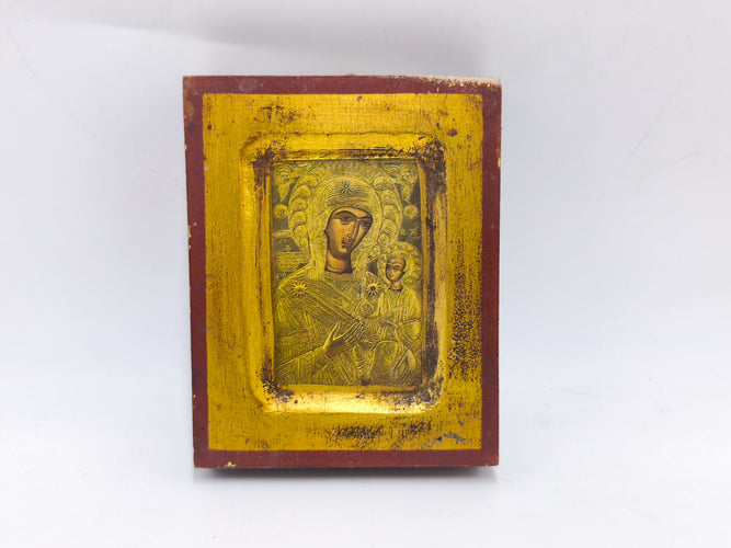 Handcrafted Vintage Wooden Orthodox Icon, Panagia Prousiotissa Mother of God, Gold Leaf Religious Wall Art, Sacred Gift