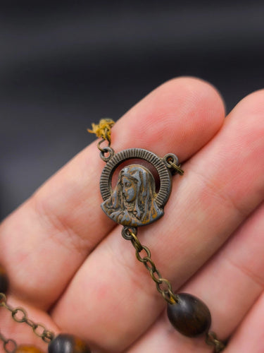 Vintage Italian Wood Rosary Crucifix Mary Sacred Heart Religious Necklace 26in