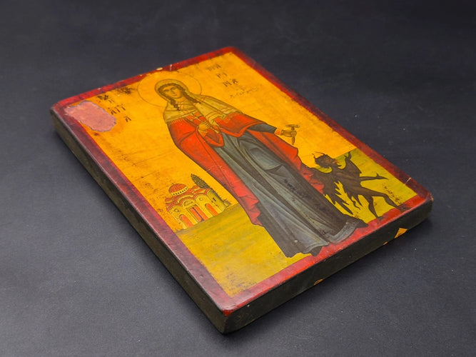Handmade Vintage Greek Orthodox Wood Icon St Marina Margaret Museum Replica Distressed