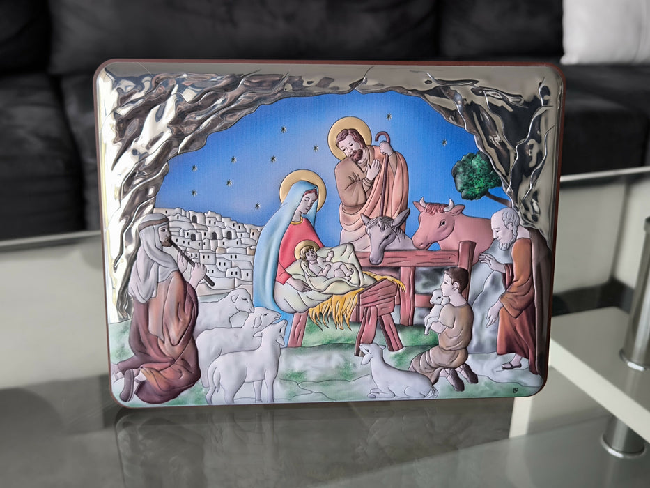 Christmas Nativity Icon 5.51" 950 Silver Italy Handicraft byzantine Christianity