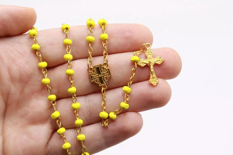 Yellow Gold Necklace Rosary with box Jerusalem Hand Made Holy Land Religion