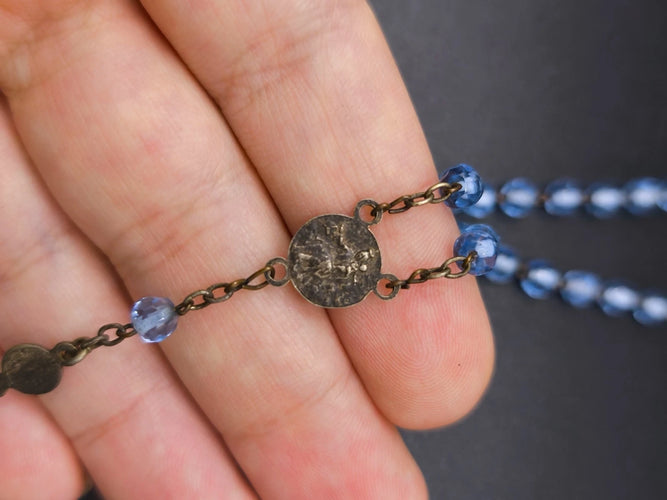 Vintage Blue Glass Rosary Beads Bronze Crucifix Catholic Religious Necklace