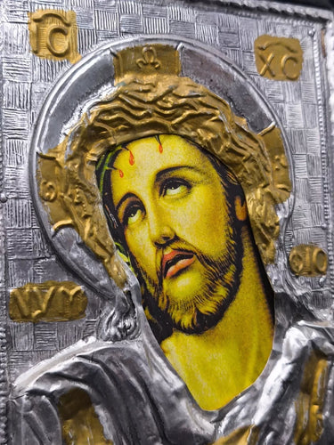 Vintage Greek Byzantine Holy Icon Jesus Christ Crown of Thorns Silver 925 & 24k Gold