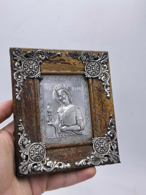 Vintage Saint Barbara Greek Orthodox Silver Plated Icon Framed, Wood Plaque Wall Hanging Religious Art Sacred Decor 5.5x4.9 Inch