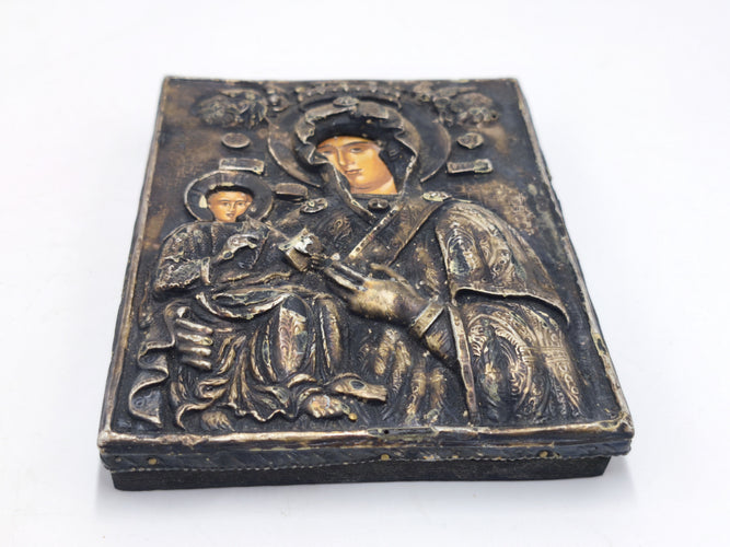 Vintage Greek Byzantine Icon Virgin Mary & Child, Handcrafted 950 Silver Riza Plaque, Mount Athos Greek Religious Wall Art