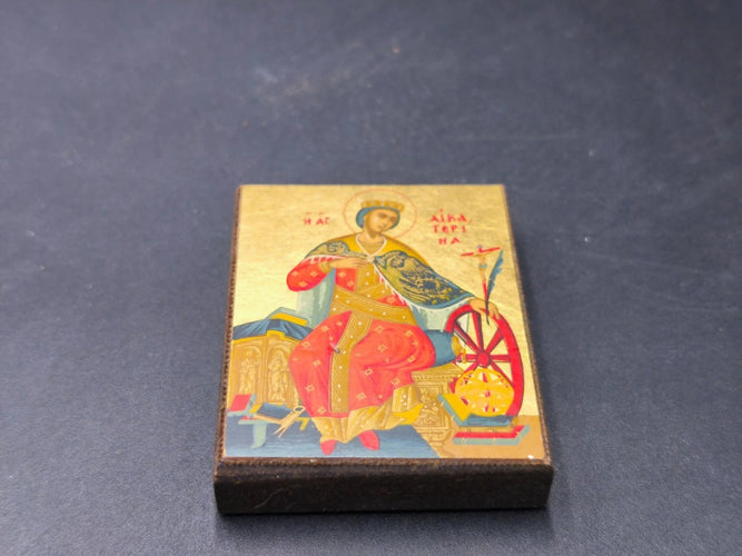 Vintage Miniature Byzantine Icon St. Catherine of Alexandria Wood Fridge Magnet 2.4"