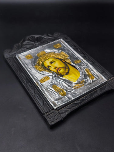 Vintage Greek Byzantine Holy Icon Jesus Christ Crown of Thorns Silver 925 & 24k Gold