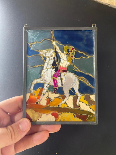 Handmade Vintage Stained Glass Saint George Icon Suncatcher – Orthodox Christian Holy Warrior Window Hanging Art, Spiritual Home Decor Gift (5.9" x 4.5")