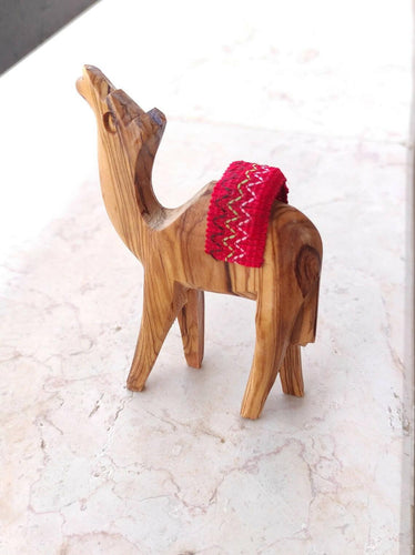 2 PCS Bethlehem Olive Wood Camel Statue Hand Carved in Holy Land Figurine Red Saddle