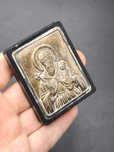 Vintage Greek Silver 950 Orthodox Icon Saint Stylianos Holding Baby Sacred Art