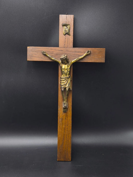Vintage Wooden Wall Crucifix Cross with Metal Corpus Jesus Christ INRI 15.7"