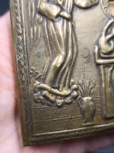 Antique Annunciation Icon Embossed Brass Relief Plaque Virgin Mary Gabriel